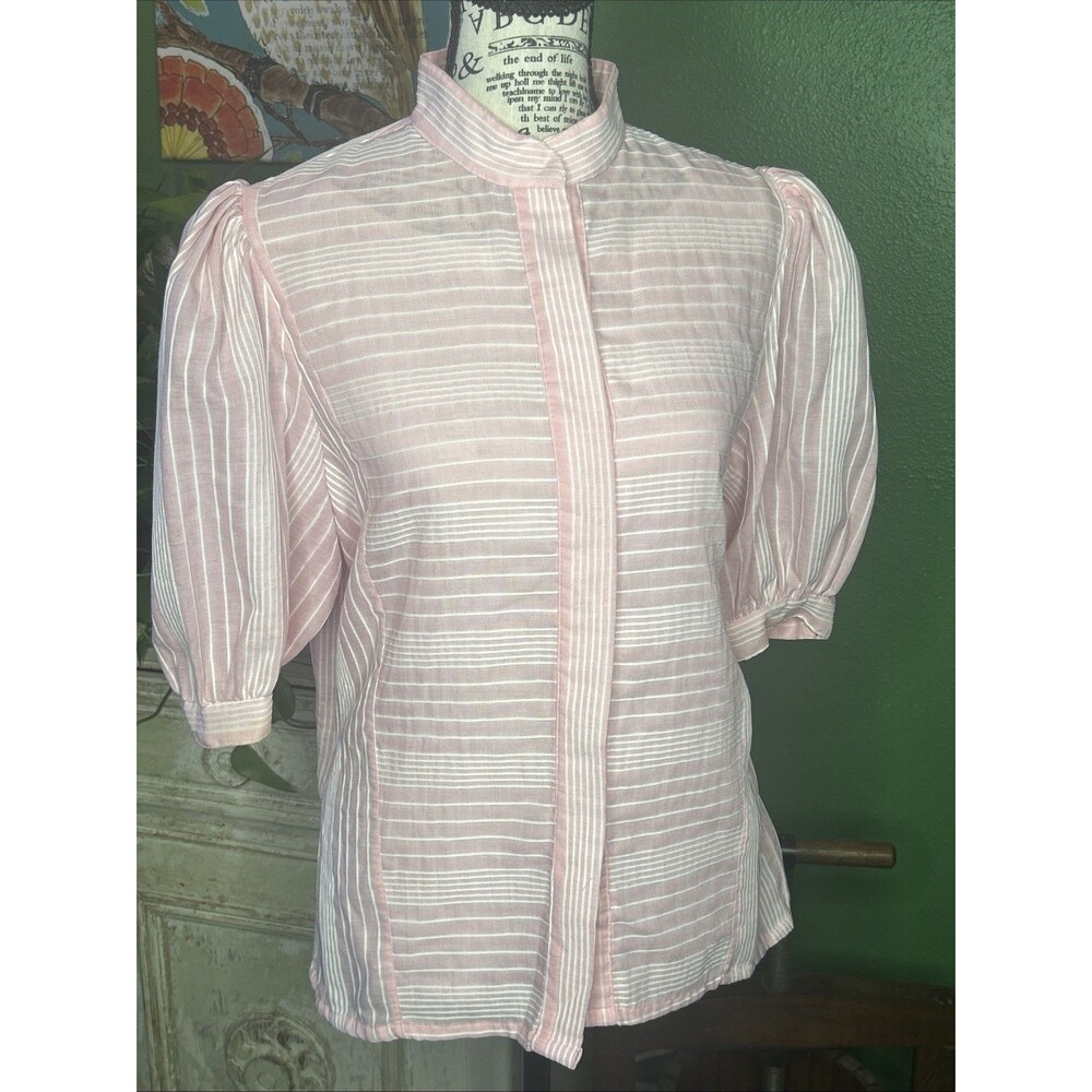 Vintage Pink Balloon Sleeve 100% Cotton Blouse Cottage Coquette Feminine -14